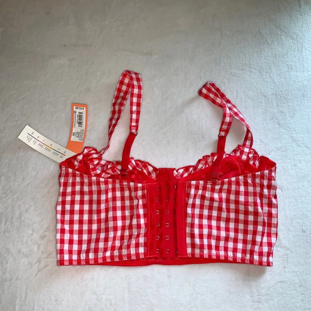 Colsie red and white gingham check picnic cotton longline bra bralette XS new